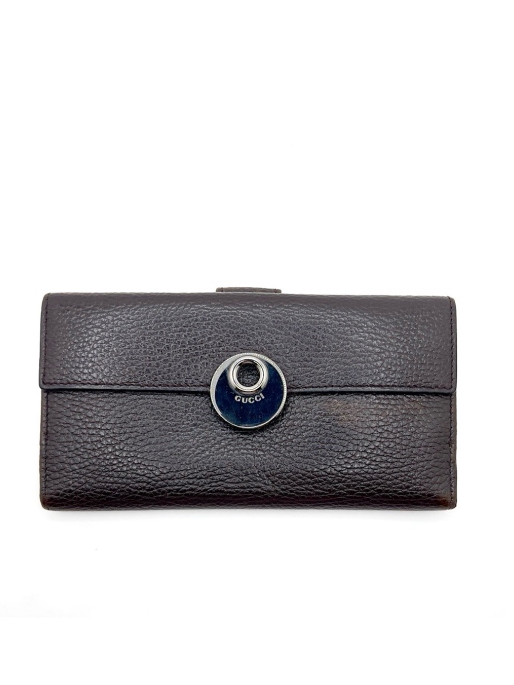 Authentic GUCCI Chocolate Brown Leather Eclipse Long Wallet W/ Silver Hardware